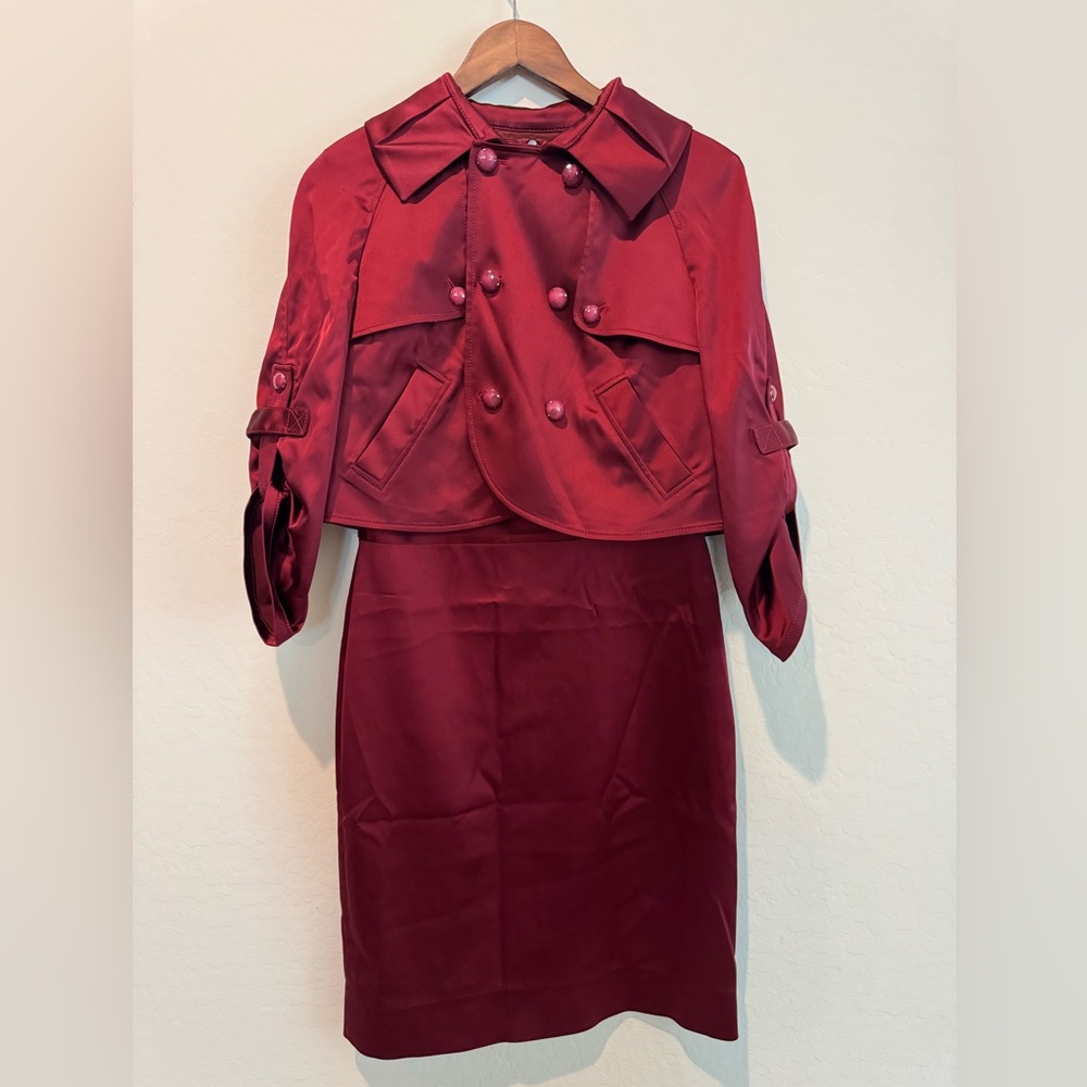 SoCA St John Women’s Burgundy Satin Set Jacket Size S Dress Size 6